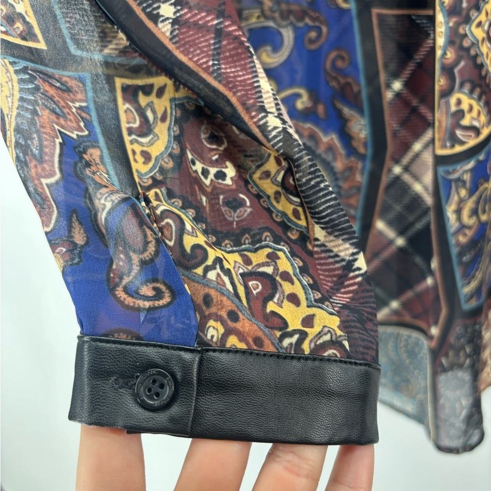 Vtg Simon Chang Collection patchwork print shirt with chains tassels 6 - Picture 12 of 16